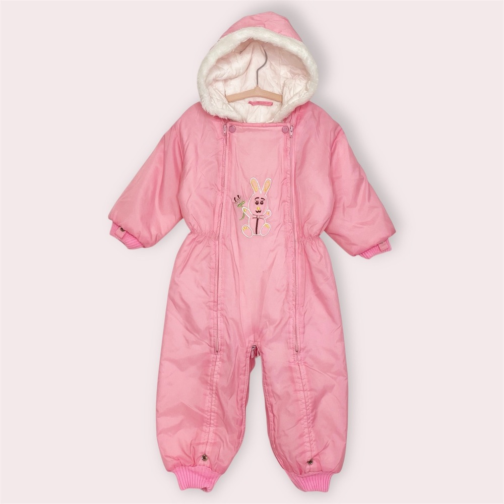 Vintage JC Penney Toddler‎ Snowsuit Embroidered Pink Bunny Hooded Size 24 Months